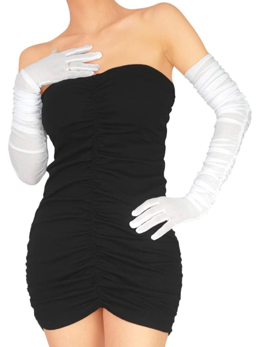 Women White Ruched Sheer Mesh Tulle Extra Long Halloween Christmas Opera Gloves